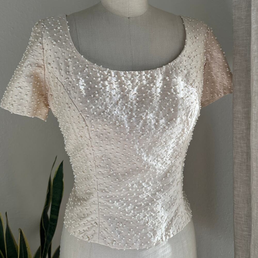 Watters & Watters Women's 14 Top Ivory Silk Beaded Bridal Formal 1990s Blouse
